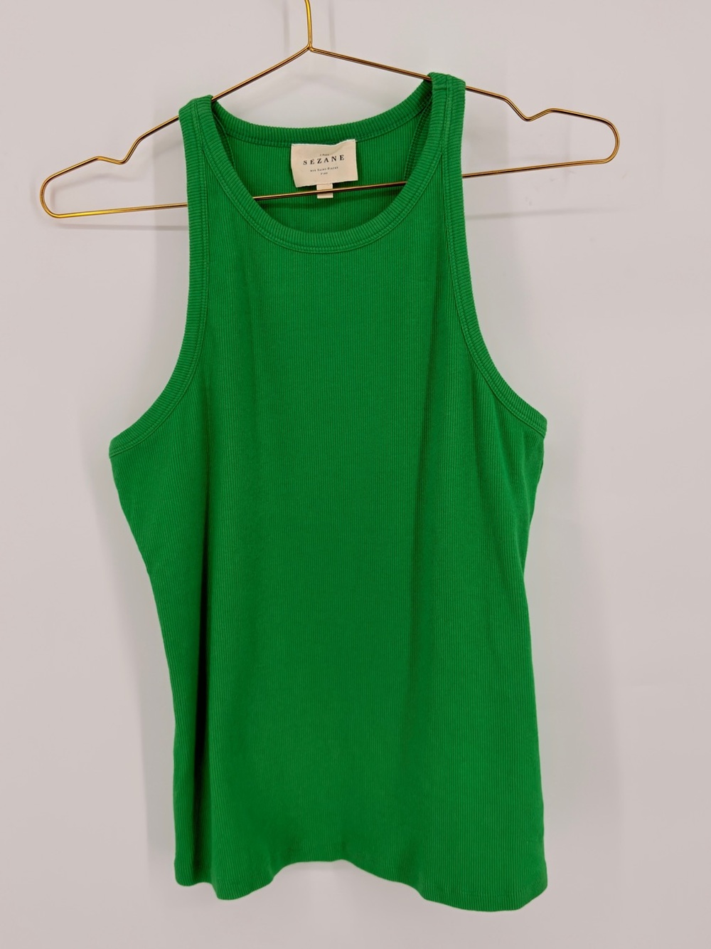Sézane Green Ribbed Tank Top XL Organic Cotton Stretch Sleeveless